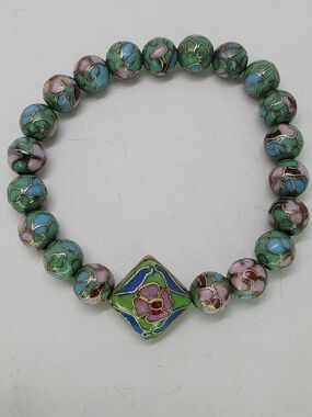Vintage Bracelet Bangle Cloisonne Enamel Beaded Stretch Jade Green Blue Floral